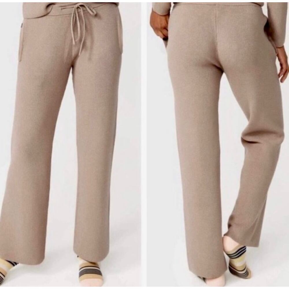 FIGS Wide Leg Ribbed Knit Cozy Lounge Pants Joggers in Neutral Tan Latte S